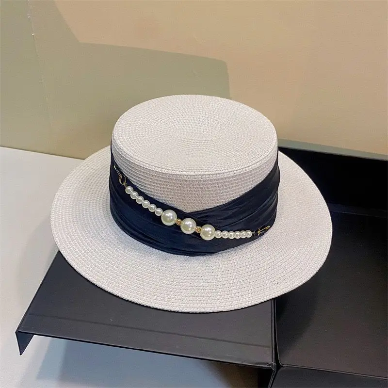 

Designer Casual Sun Cap Children's Spring Summer Elegant Pearl Flat Straw Hat Beach Top 말본 Sombreros para mujeres Free shipping