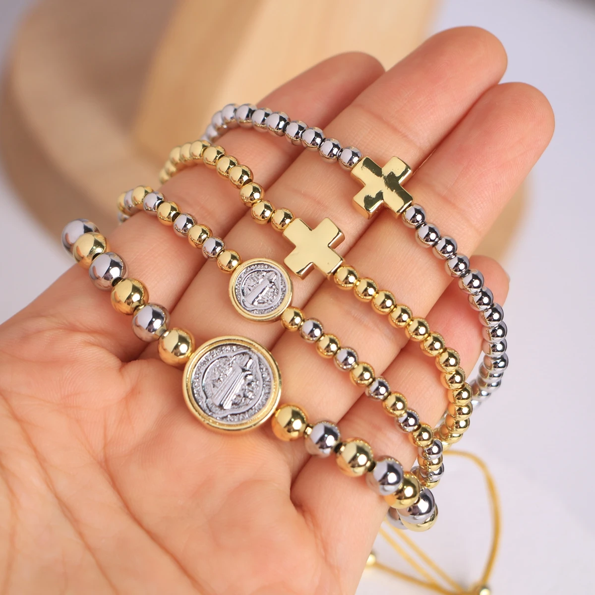 5PCS, Gold Silver Color Beads Chain Cross Heart Bracelets for Women Gold Plated Stackable Jewelry Friends Gifts