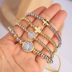 5PCS, Gold Silver Color Beads Chain Cross Heart Bracelets for Women Gold Plated Stackable Jewelry Friends Gifts
