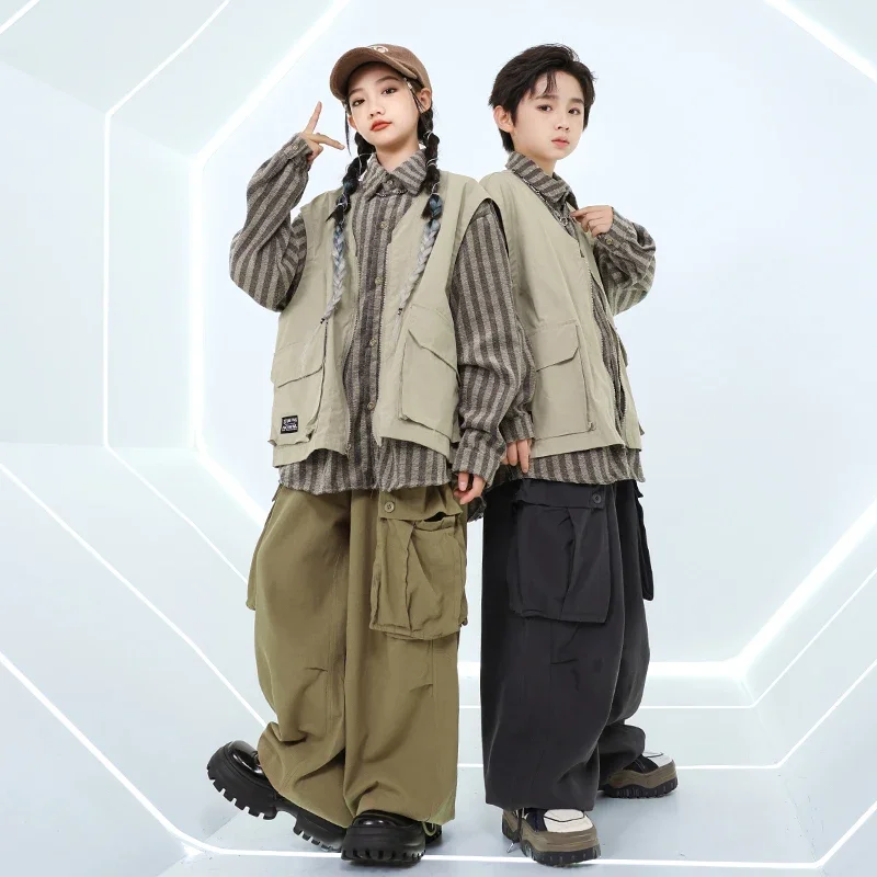 

Толстовка K-pop для девочек, жилет цвета хаки, брюки-карго для бега, костюмы в стиле хип-хоп для мальчиков, детская уличная одежда, комплекты одежды для джазовых танцев
