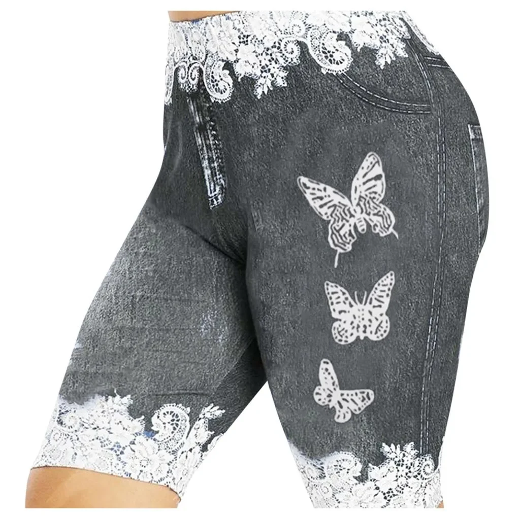 

Women Shorts Lace Patchwork High Waist Butterfly Print Denim Jeans Running Joggers Shorts Женские Шорты Ropa De Mujer 2023