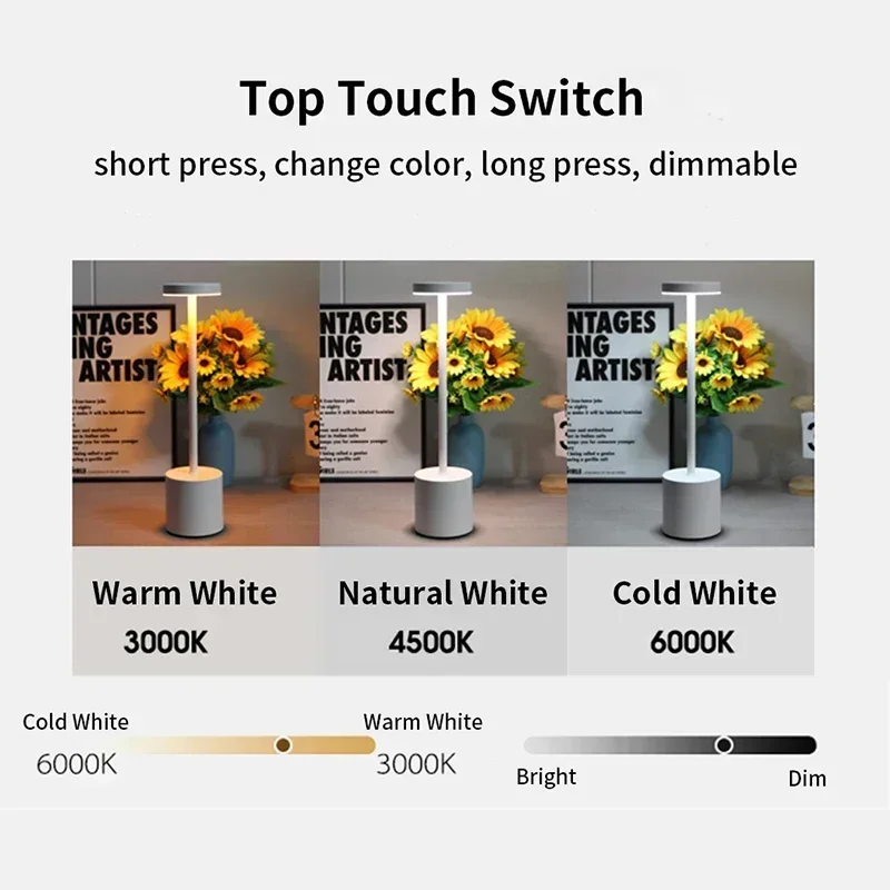 Imagem -02 - Recarregável Led Lâmpada de Mesa Criativo Interruptor Toque Regulável Candeeiro Mesa Temperaturas Cor Quarto Escritório Restaurante Lâmpada