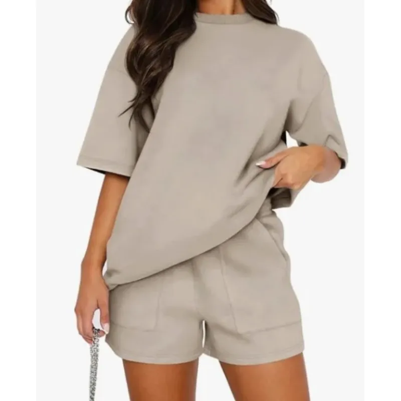 

Summer Casual Loose Set Fashion Solid O Neck Short Sleeve Tops+Shorts 2 Piece Sets For Women Sports Clothing New Outfits