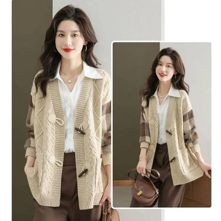 Spring and Autumn Horn Button Mid Length Sweater Cardigan Jacket Women\'s New Fashion Loose Knitted Cardigan Exterior