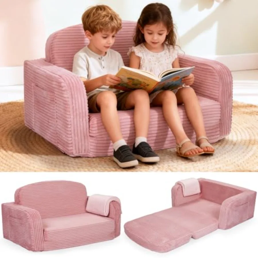 

Extra Wide 2 in 1 Convertible Toddler Couch - Corduroy Fold Out Sofa Chair with Blanket, Comfy Comfortable Toddler Chair, Machi