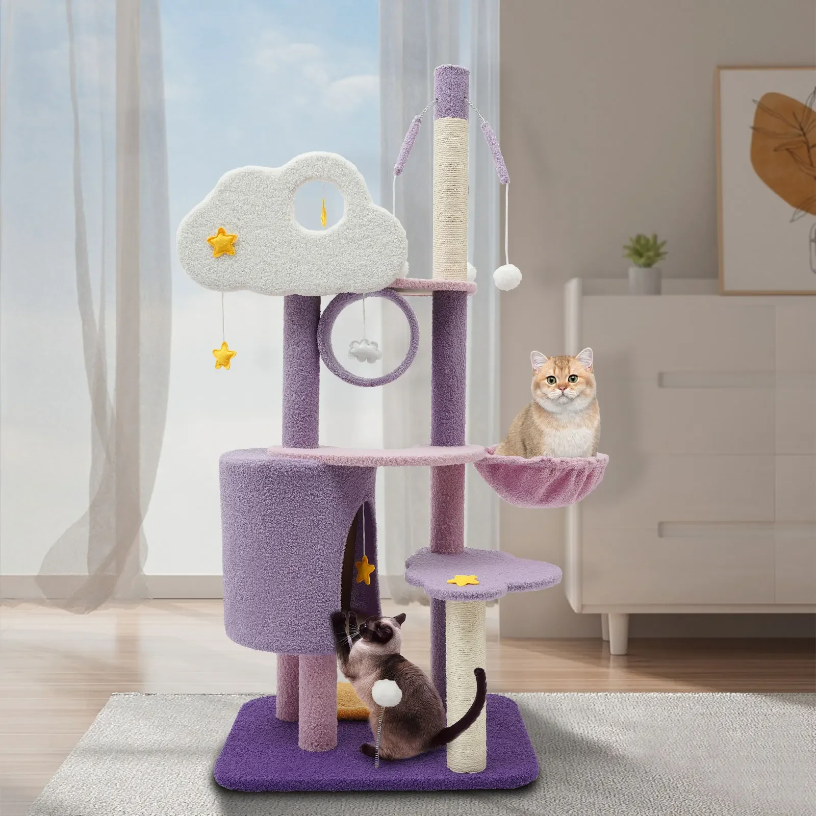 

#For Cat Climbing Frame Multi-Level Cat Tower Cute Purple Cat Tree Featuring grab pillars and comfortable plush hammocks*