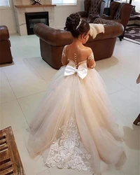 BABYONLINE Children's Elegant Flower Girl Dresses for Wedding Party Big Bow Lace Long Tulle First Communion Gowns For Girls