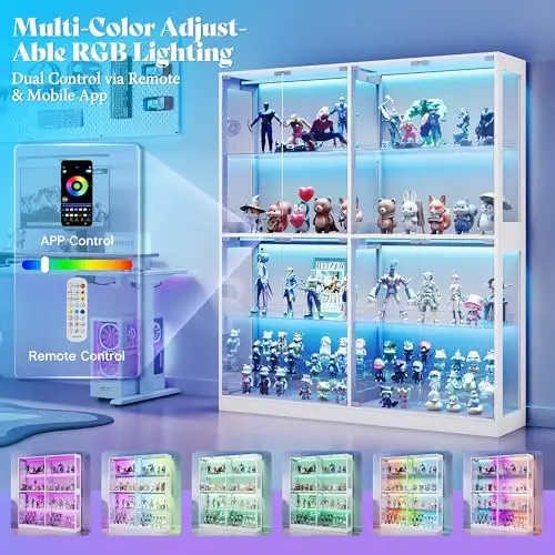 RGB Display Cabinet with Adjustable Glass Shelves, 4-Tier Storage Case with LED Lights & Press-to-Open Doors, Modern view 3