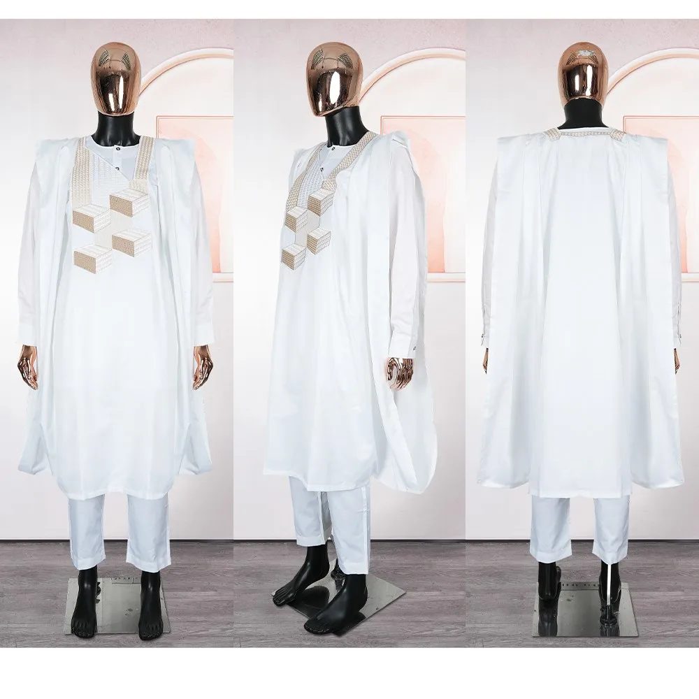 H & d-男性のためのアフリカの服、白い伝統的な結婚披露宴の服、ローブの刺繍シャツとパンツセット、ダシキ、agbadaラマダン、3個