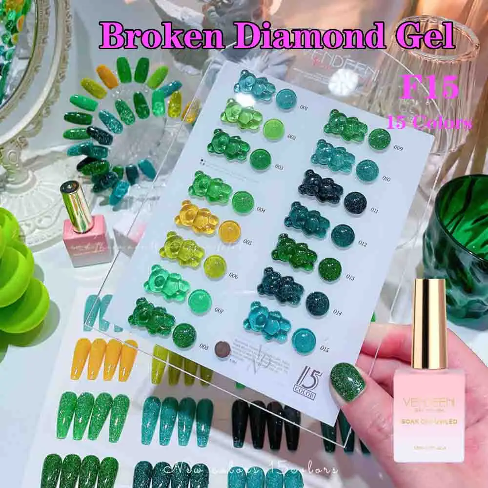 Vendeeni 15 Colors/set Green Emerald Flash Broken Diamond Gel Nail Polish Reflective Green Sequins Gel Varnish With Color Card