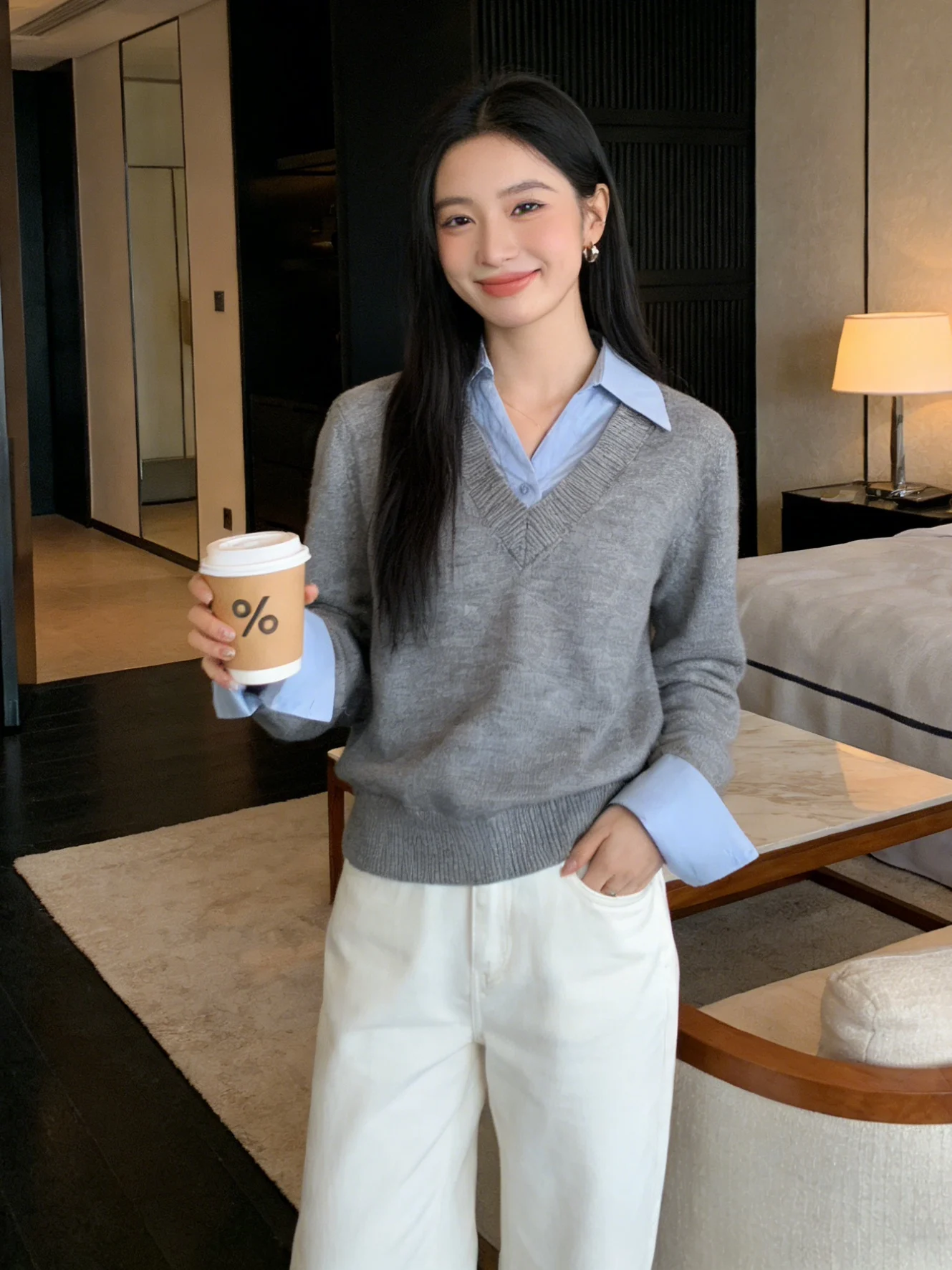 

Корейский винтажный свитер в стиле преппи с имитацией двухслойности, трикотажный, весенний, приятный к телу, омолаживающий, универсальный