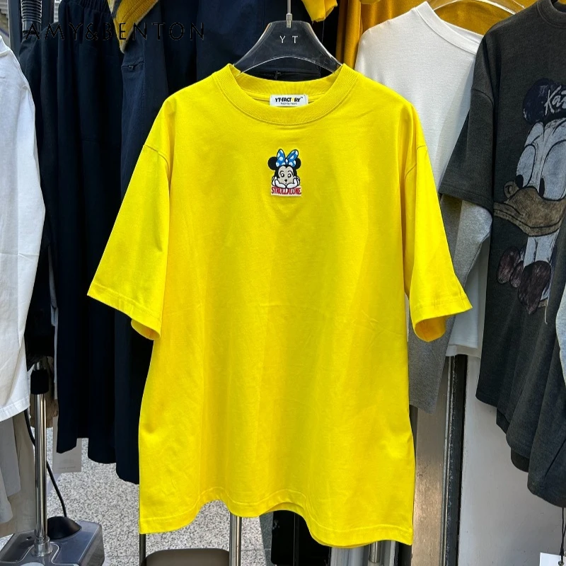 

Mid-Length Embroidered Short Sleeves T-shirt New Spring Autumn Popular Pullover Round Neck Loose Oversized Fashion Versatile Top