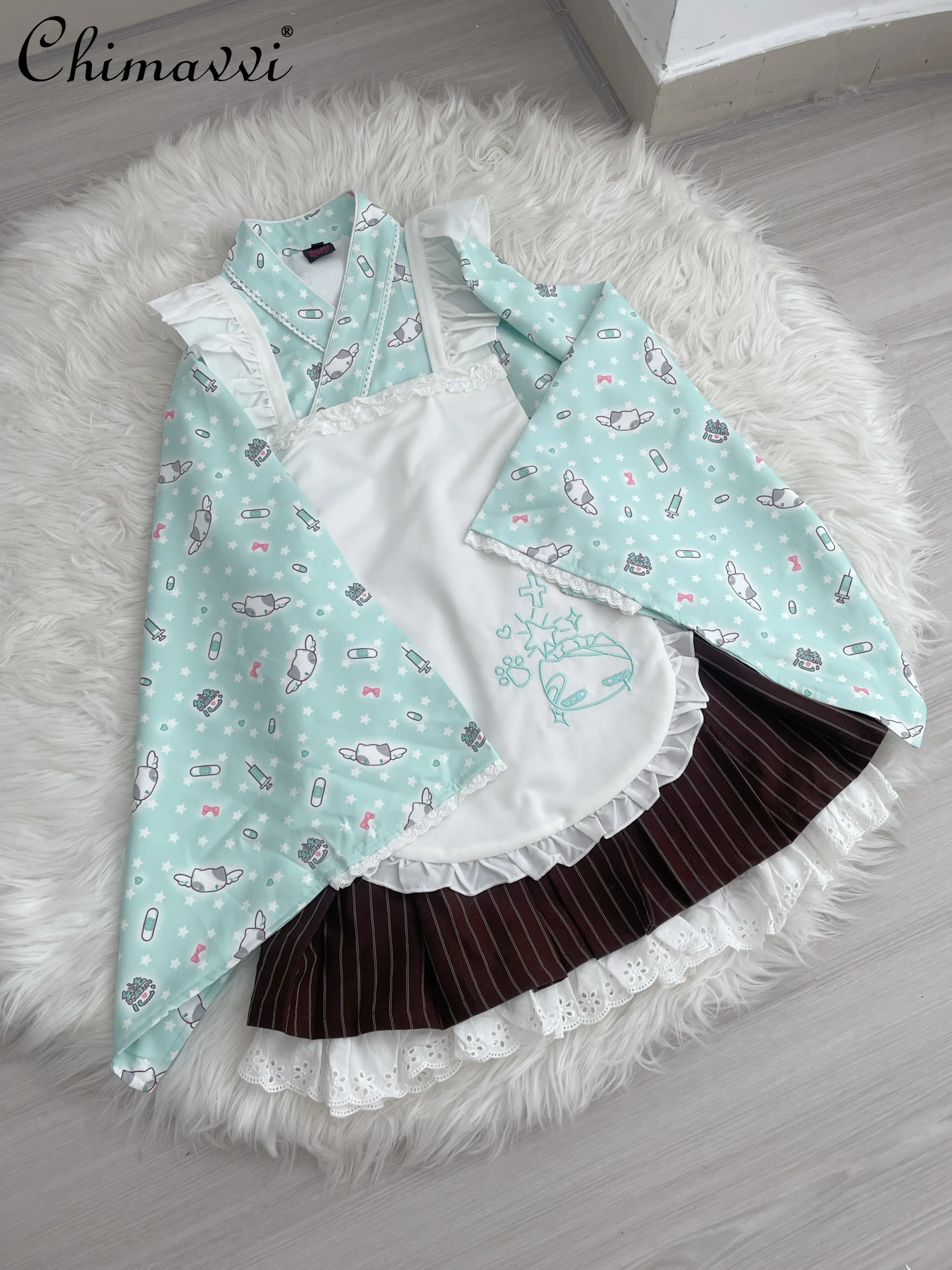 

Original Japanese New 2024 Autumn Cute Girls Embroidered Robe Shirt Maid Apron Mini Skirt 3 Piece Set Kawaii Women's Outfits