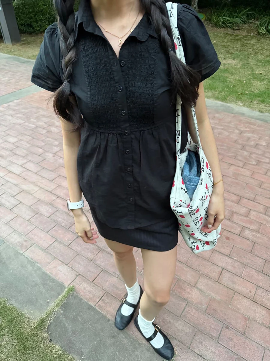 Folds Baby Doll Black T-shirt Blouse Woman Summer Turn Down Collar Single Breasted Short Sleeve Shirts Sweet Preppy Style Tees