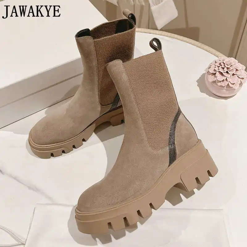 

2023 Autumn Thick Sole Platform Chelsea Boots Women Brand High Quality Suede Leather Short Boots Chunky Heel Combat Boots Women