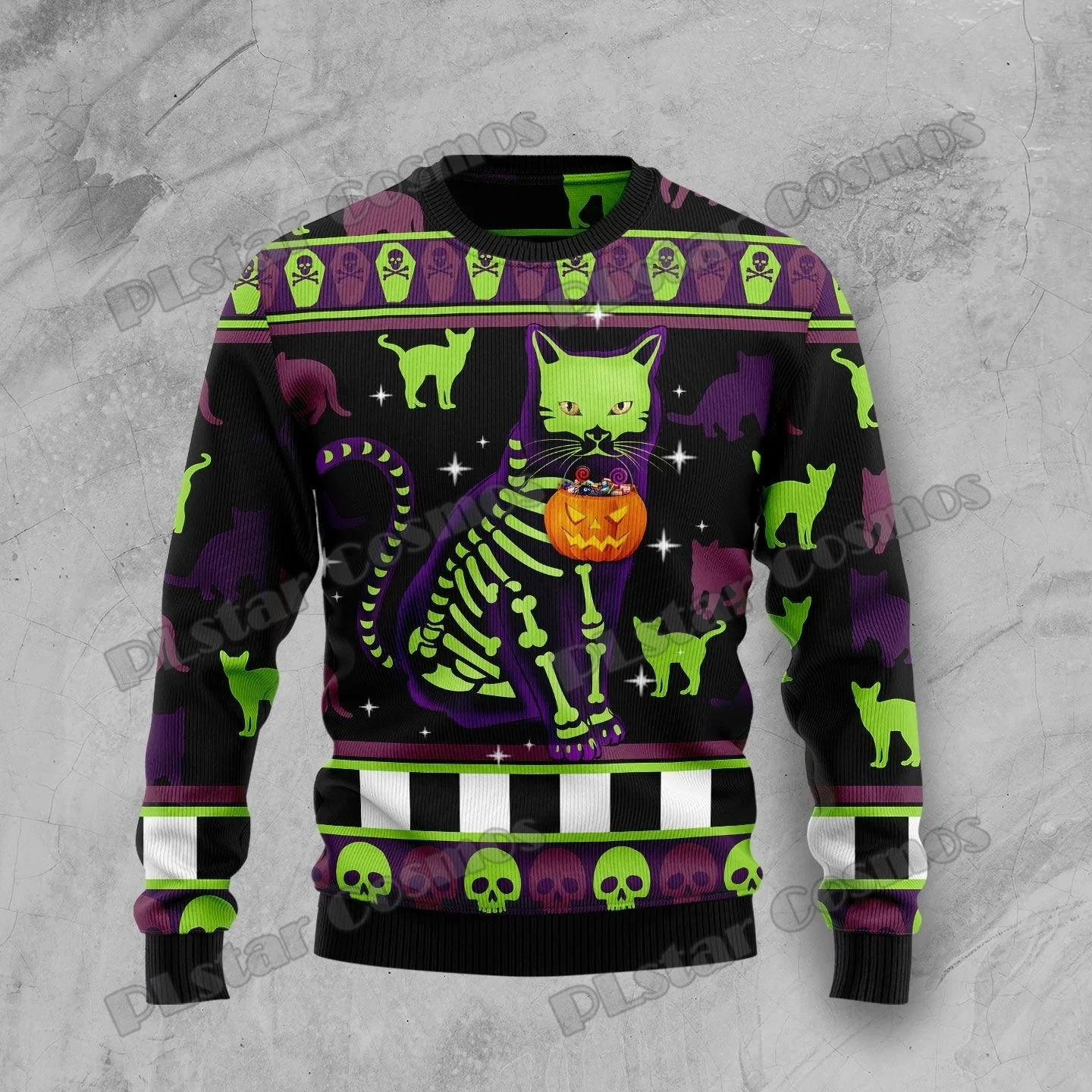 PLstar Cosmos Cat Pumpkin Halloween 3D Printed Men's Ugly Christmas Sweater Winter Unisex Casual Knit Pullover Sweater ZZM24