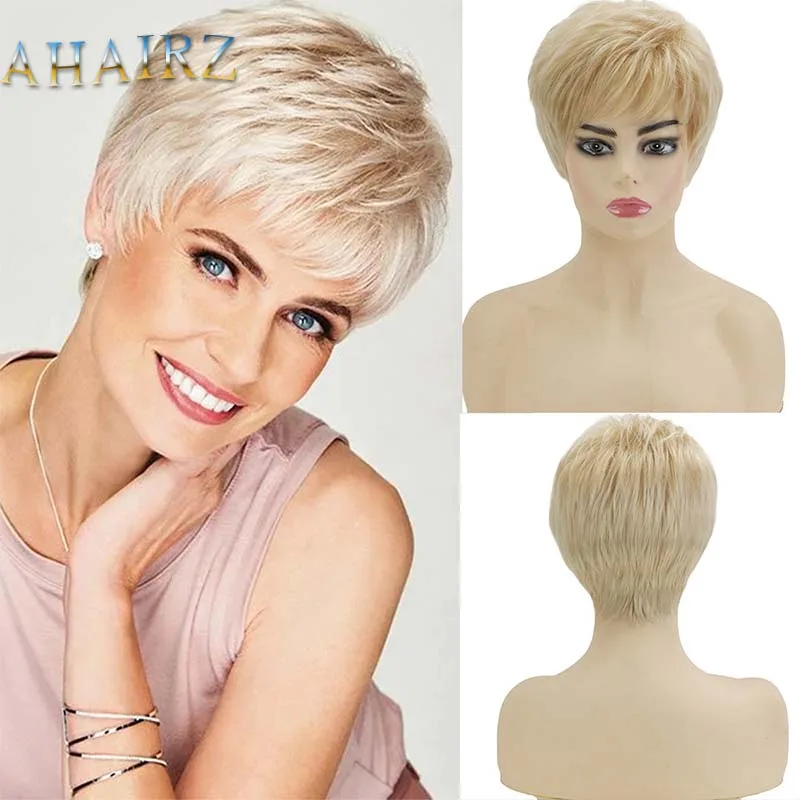 

Women's Short Pixie Cut Blonde Straight Wig Synthetic For White Lady Daily Wear High Tempreture Fiber