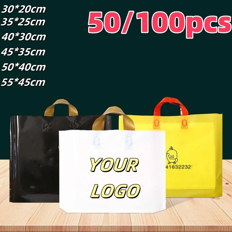 50/100PC Free Personalised Colourful Shopping Bags Customised Plastic GiftBags with Handles for Small Business Retail Promotions