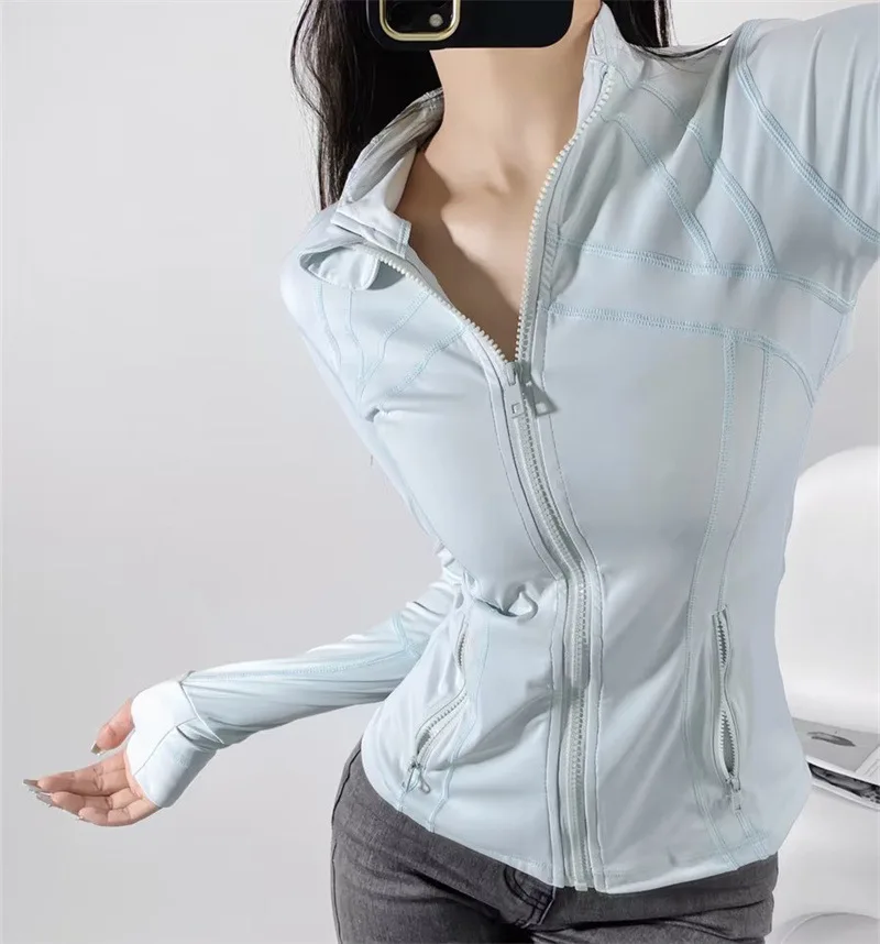 

Women Define Long Sleeve Sports Jacket With Pockets High Elastic Fitness Yoga Running Zip Up Jackets Workout Coat Top