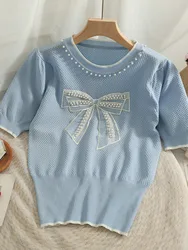 Camiseta de malha de cordão de prego feminino, gola redonda, manga curta, malha fina, fechamento da cintura, versão coreana, novo, 2022