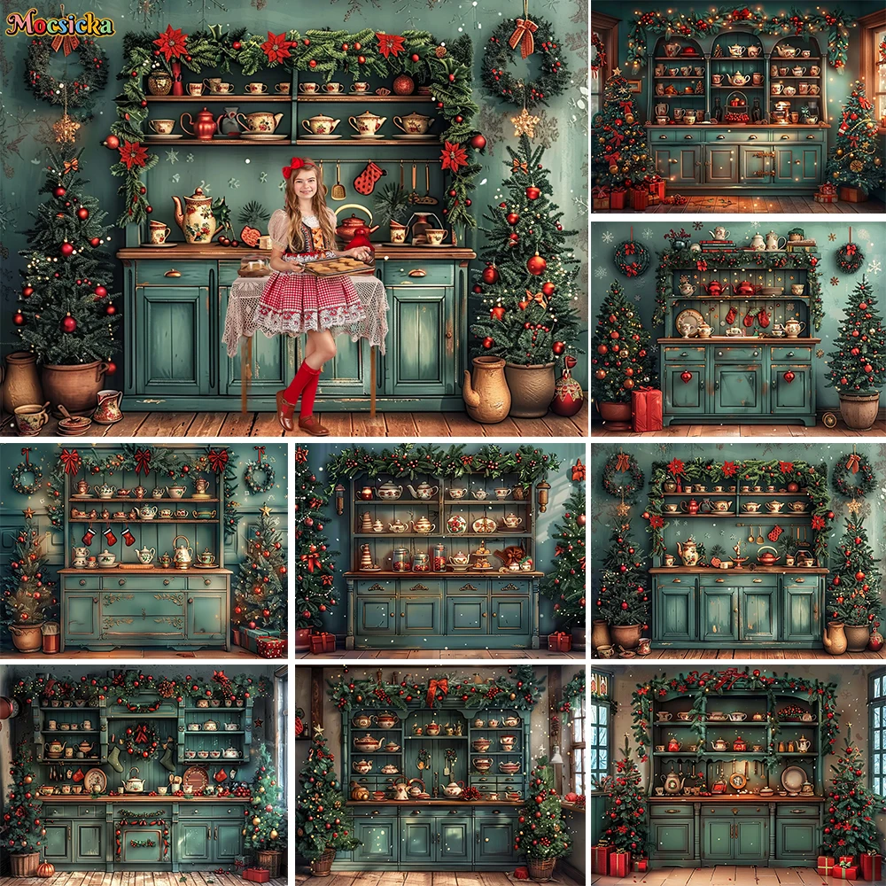 Christmas Theme Kitchen Photography Background Retro Green Tea Cabinet Xmas Tree Glitter Background Family Kids Portrait Studio