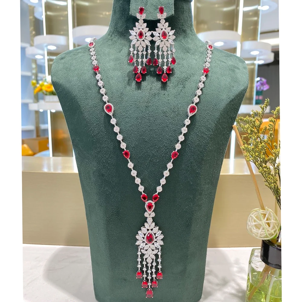 

012476 Long Necklace Set for Women Cubic Zirconia Jewellery Sets Double Layer Sweater Chain Necklaces Wedding Party Accessories