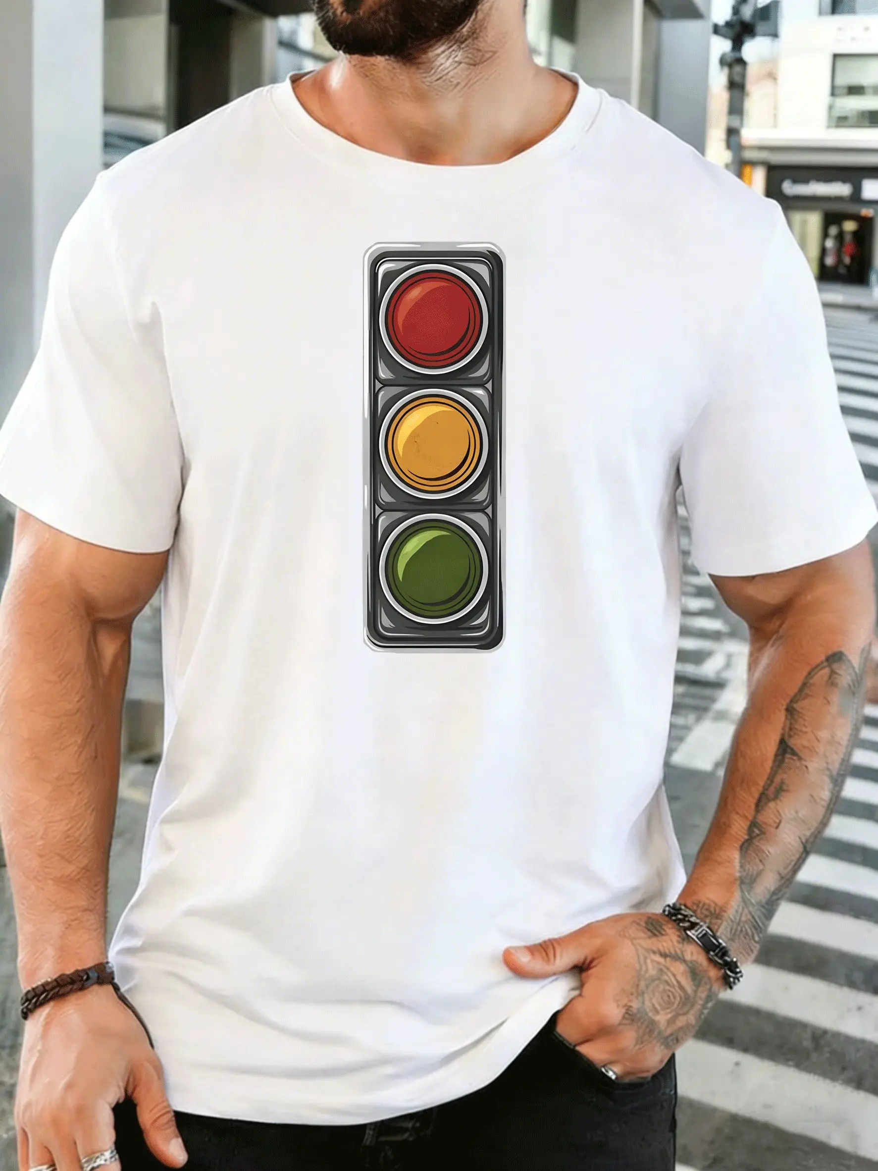 Cartoon Traffic Light Red Yellow Green Men Front Print T Shirt Road Signal Graphic Tee Casual Short Sleeve Top Driver Lover Gift