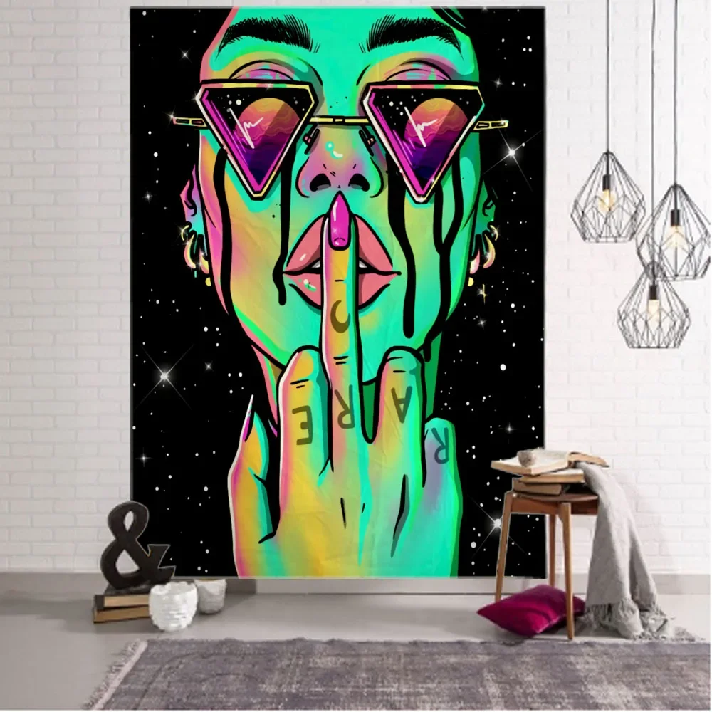 Psychedelic Smoke Cool Girl Art Tapestry Wall Hanging Hippie Wall Blanket Kawaii Room Decor Boho Home Dorm Decor Yoga Mat Sheets