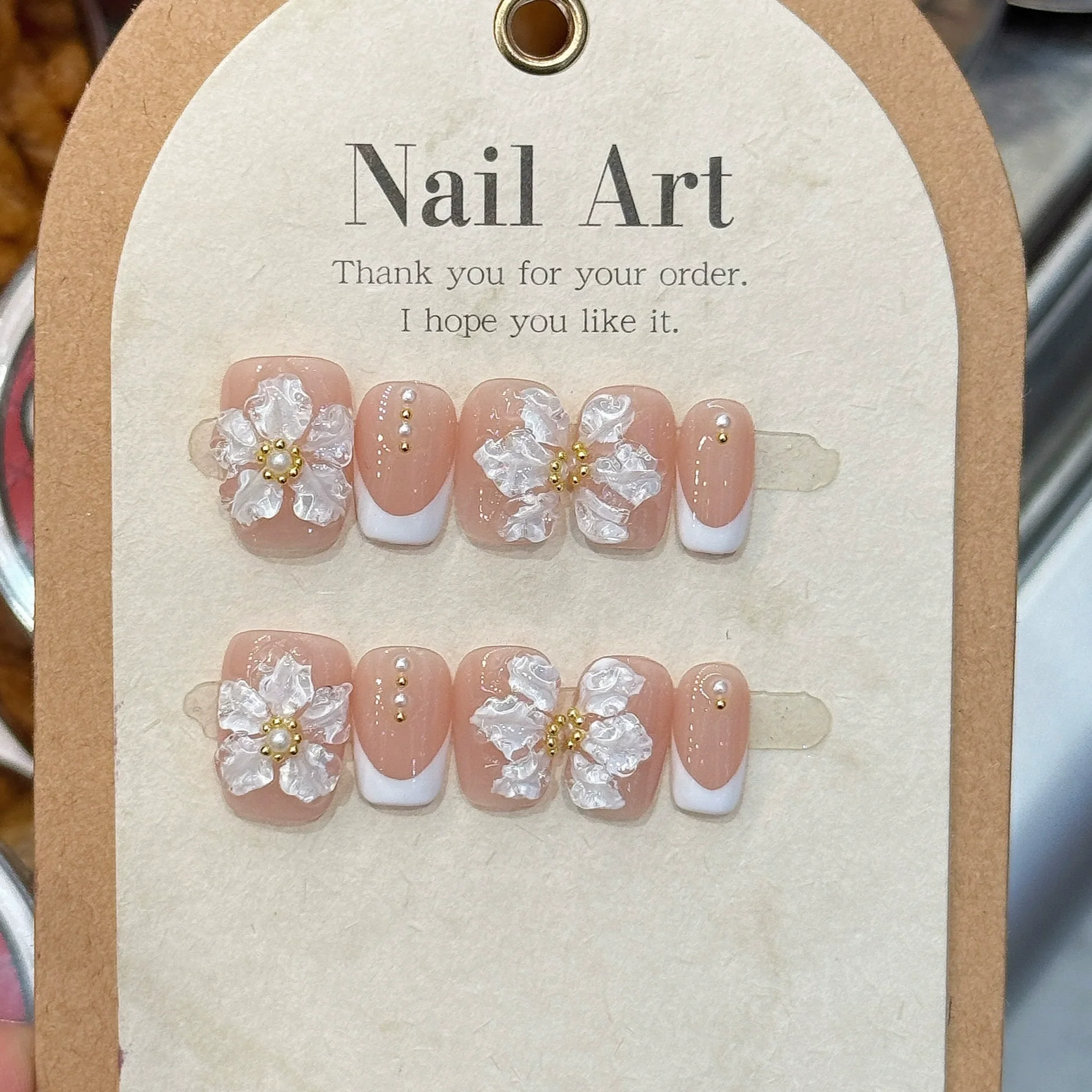 

10Pcs French Handmade Press on Nails White Flower Fake Nails Wearable Stick-on Nails Full Cover False Nail Накладные Ногти 네일팁
