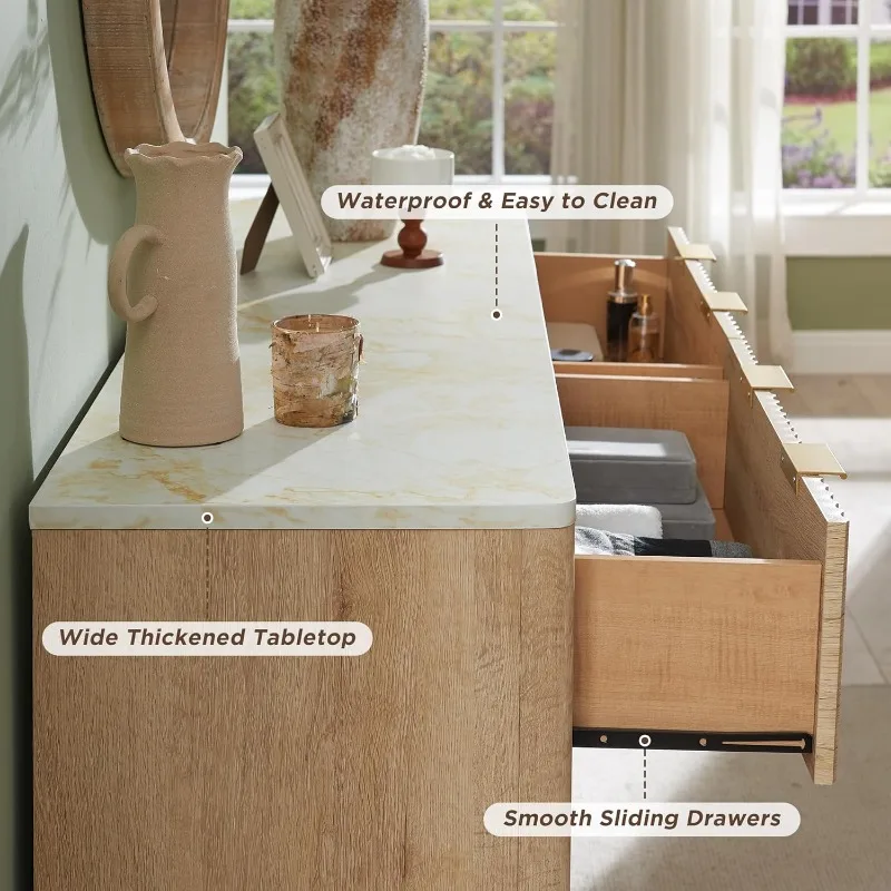 T4TREAM geriffelte Kommode mit 6 Schubladen, 54" breite moderne Kommode mit Kunstmarmorplatte, gebogenes Profildesign