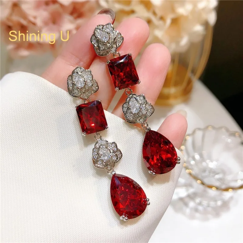 

Shiining U Camellia Floral Ruby Drop Earrings for Women Fashion Jewelry Banquet