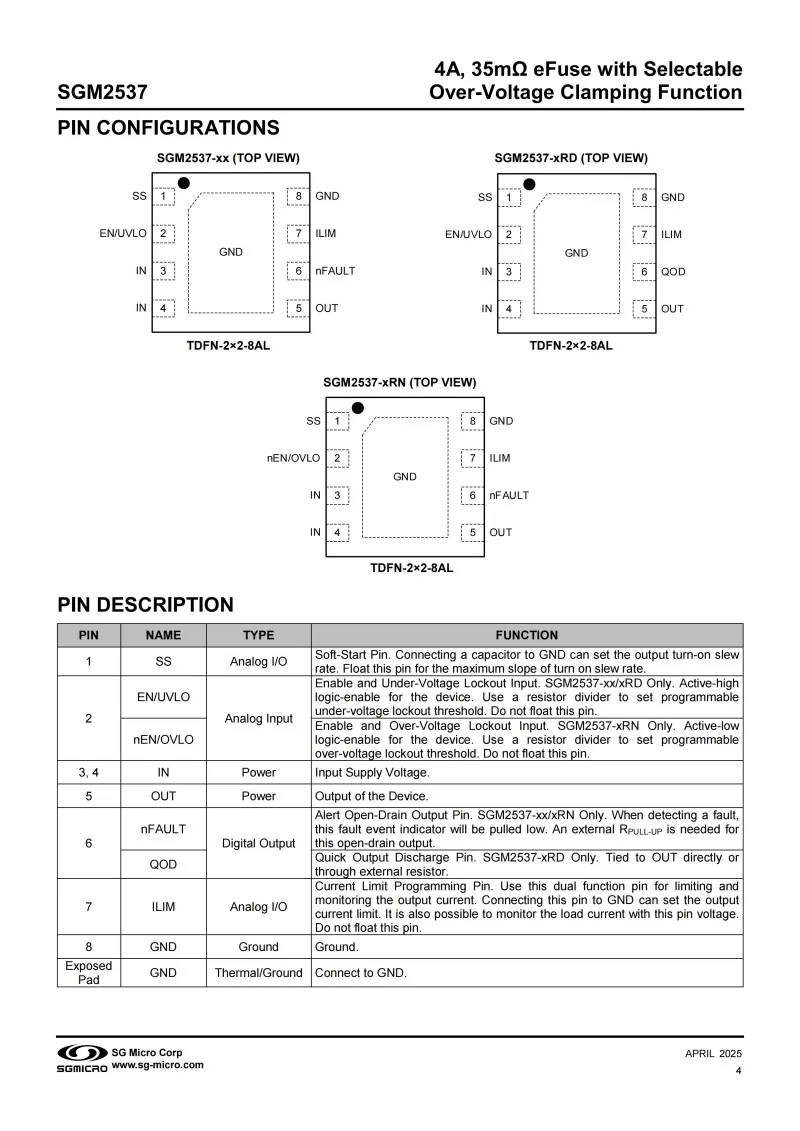 10Pcs/Lot SGM2537-PRNXTDE8G/TR TDFN-8 Mark 0EA,4A,35mΩ eFuse with Selectable Over-Voltage Clamping Function,Electronic