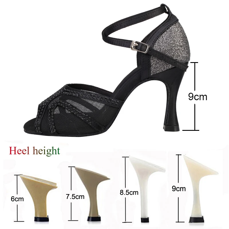 Latin Shoes Salsa Tango Ballroom Party Women\'s Shoes Rhinestone Black Girls High Heel Summer Sandals Outdoor Sports Shoes