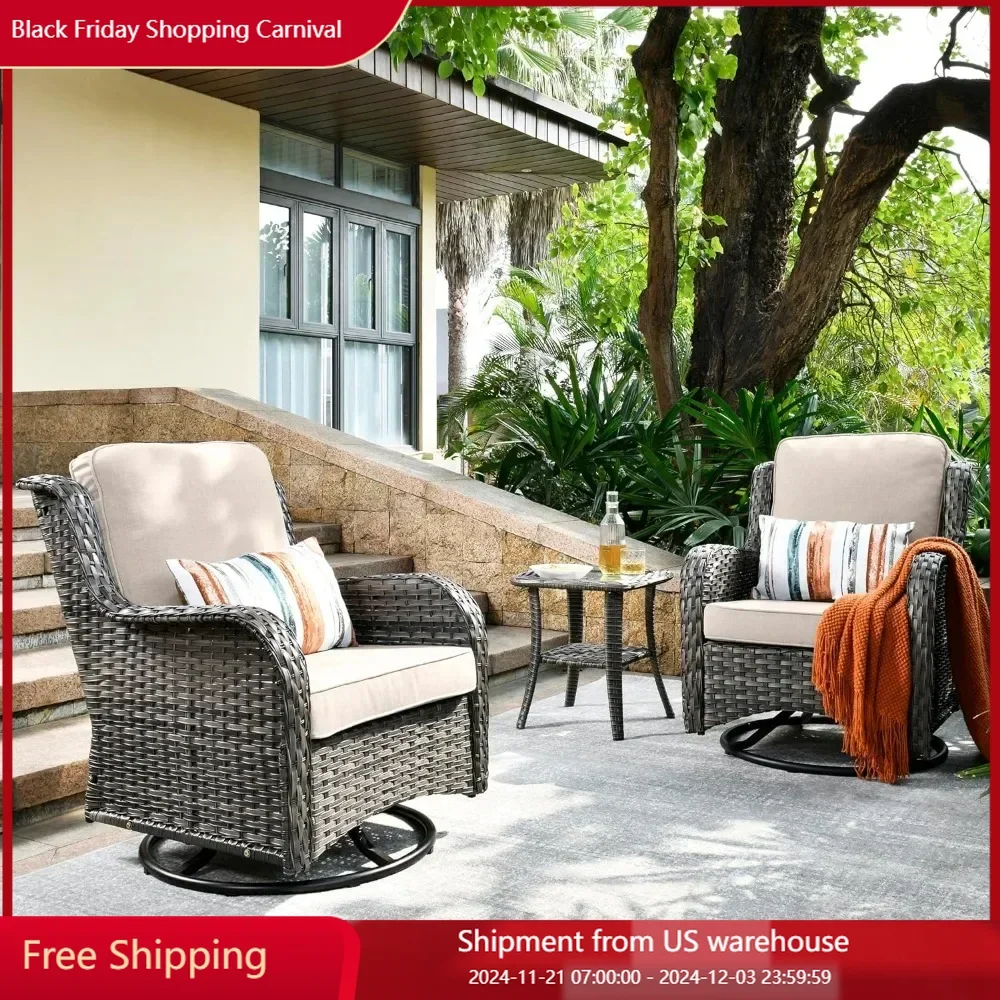 garden Chairs Set of 2,Outdoor 360 Degree Rotation Chair Matching Side Table,3 Pieces PE Wicker Patio Traditional garden Chair