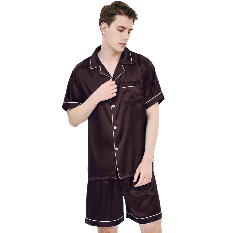 Multiple colors available for ice silk pajamas men\'s short sleeved shorts, thin summer solid color sleepwear home suit