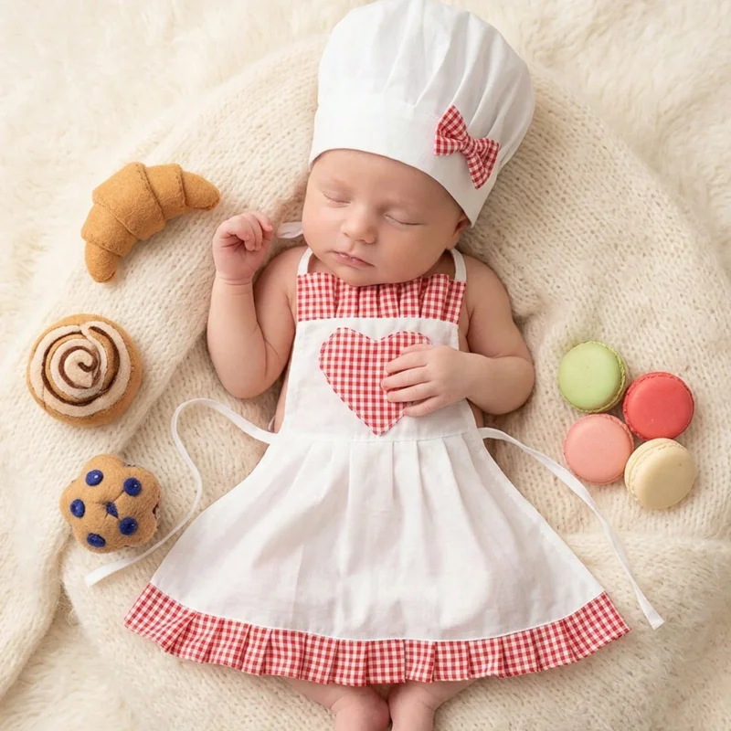 Cotton Baby Chef Apron & Hat Set for Newborn Photo Shoots Cook Prop with Red/White Gingham Heart Applique Striped Outfit