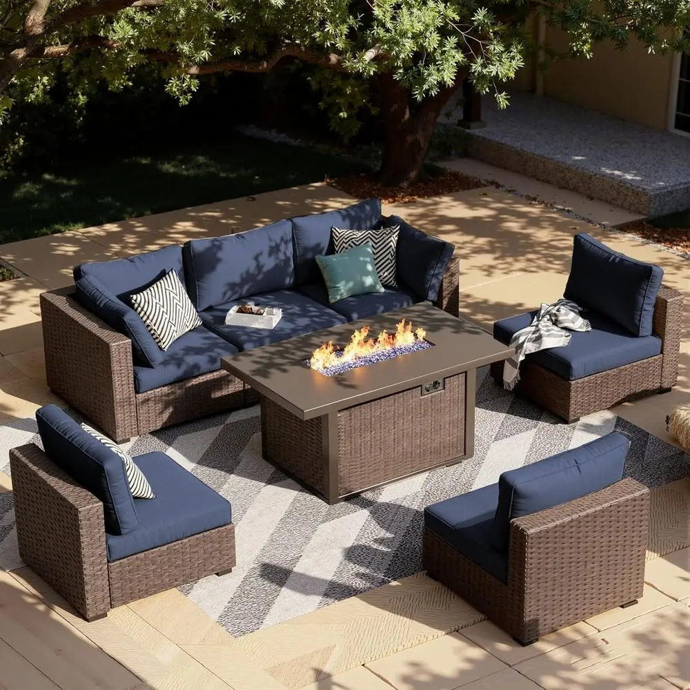 

7-местный комплект секционной мебели для патио с плетеным столом на 44 пропановых баллона и синими подушками для заднего двора, зоны у бассейна, сада