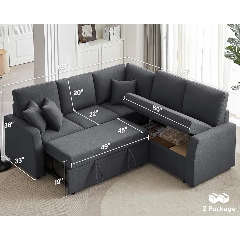 Sofá-cama, sofá reversível em forma de L de 85 polegadas com cama removível e assento de armazenamento, cama secional grande