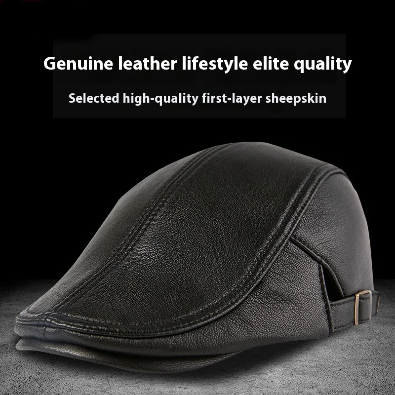 Men's Sheepskin Beret Middle-aged And Elderly Men Duck Tongue Cap Forward Cap Fashion Leather Hat Windproof Warmth