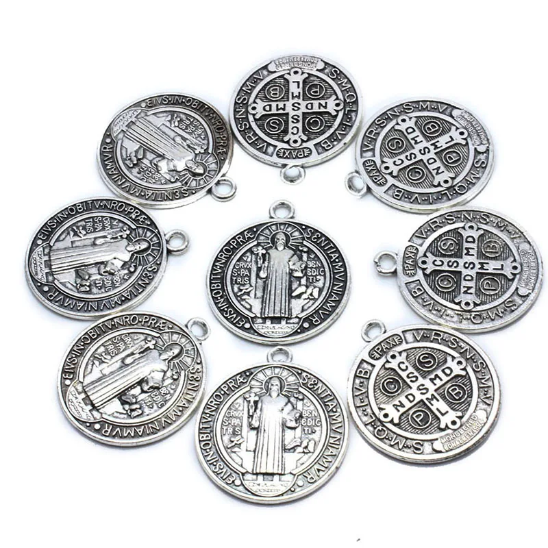 10 sztuk 1.18 cala święty benedykt medalion wisiorek Charms jezus krzyż katolicki San Benito urok dla DIY akcesoria do wyrobu naszyjników