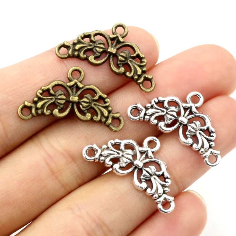 30pcs 14x26mm Antique Silver Plated Bronze Flower Style Connector Charm Pendant DIY Jewelry Supplies for Bracelet Necklace