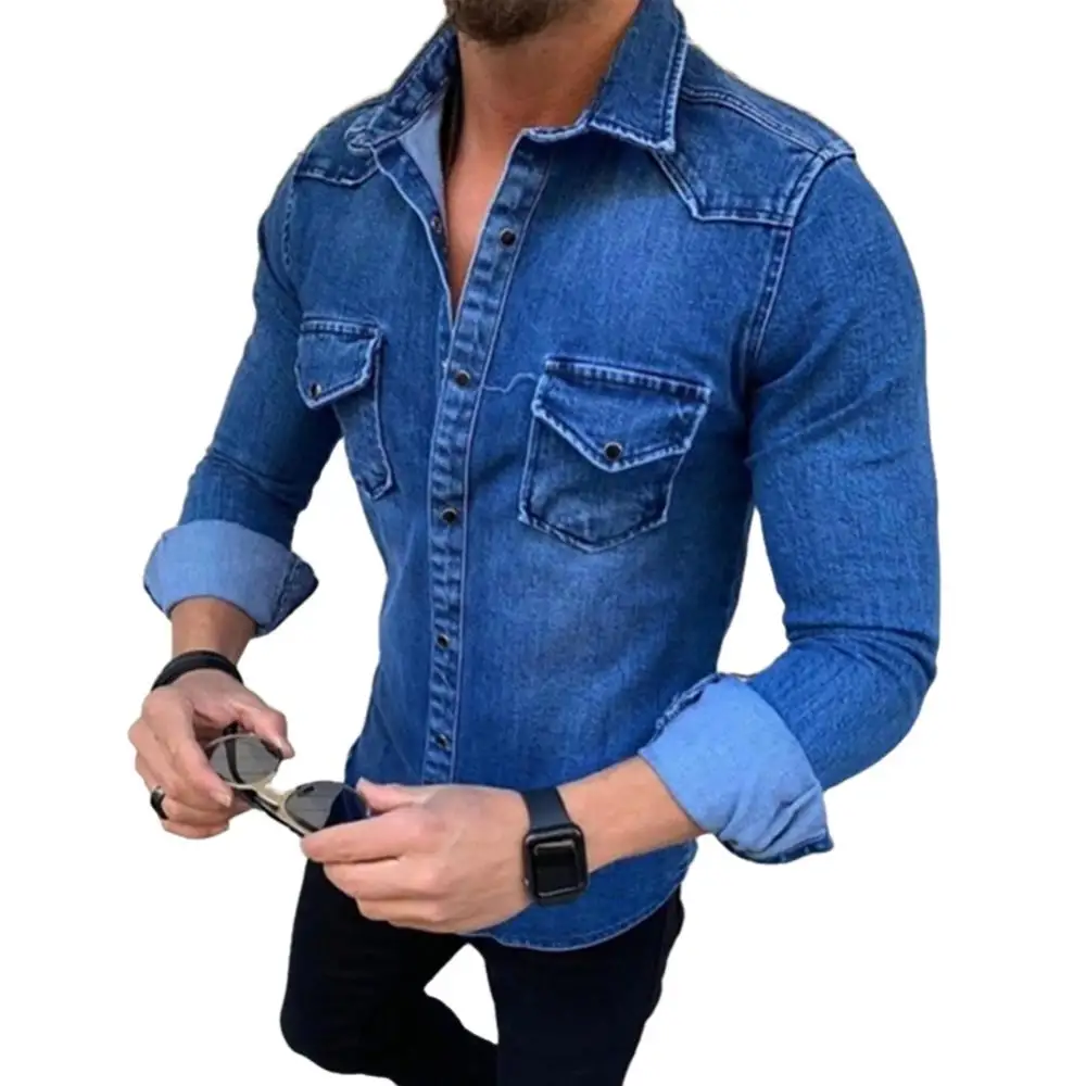 Primavera Autunno Camicie di jeans da uomo Top a maniche lunghe Jeans Camicie da uomo Camicie casual monopetto chemise homme ру onderdhe муж......