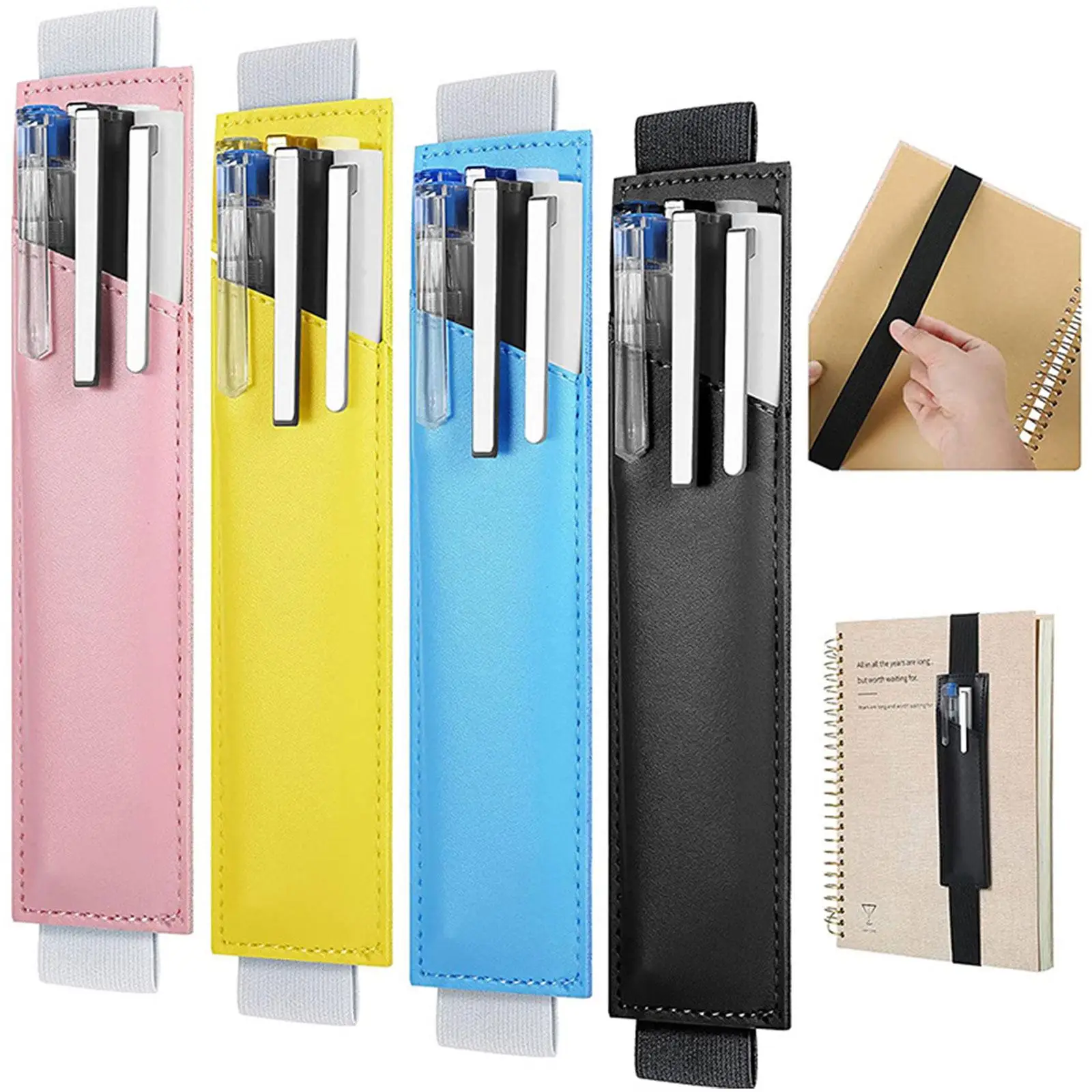 Adjustable Elastic Band Pen Holder Simple Color PU Pen Sleeve Pouch Large Capacity Square Students Notebook Pen Holder