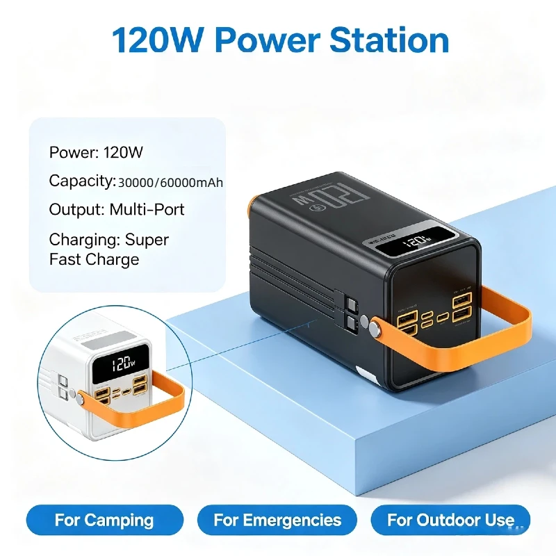 120W Fast Charging Portable Power Station 30000mAh /60000mAh Emergency Power Bank LED Light for Camping Home Phone Charging