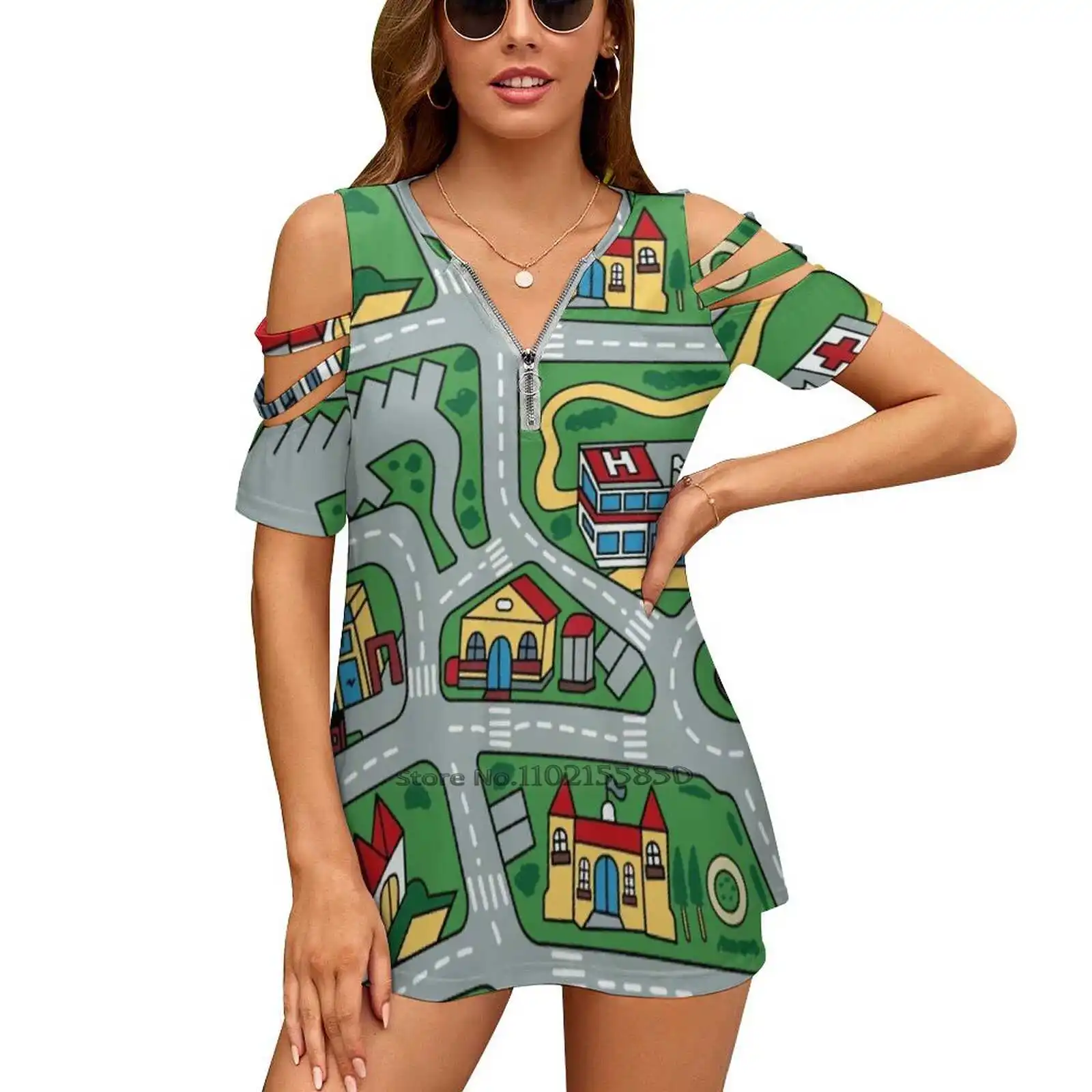 Car City Carpet Road Rug 90S Nostalgic Toy Women V Neck T-Shirt Casual Sexy T Shirts Hollow Out Zipper Pullover Top 90S Kids