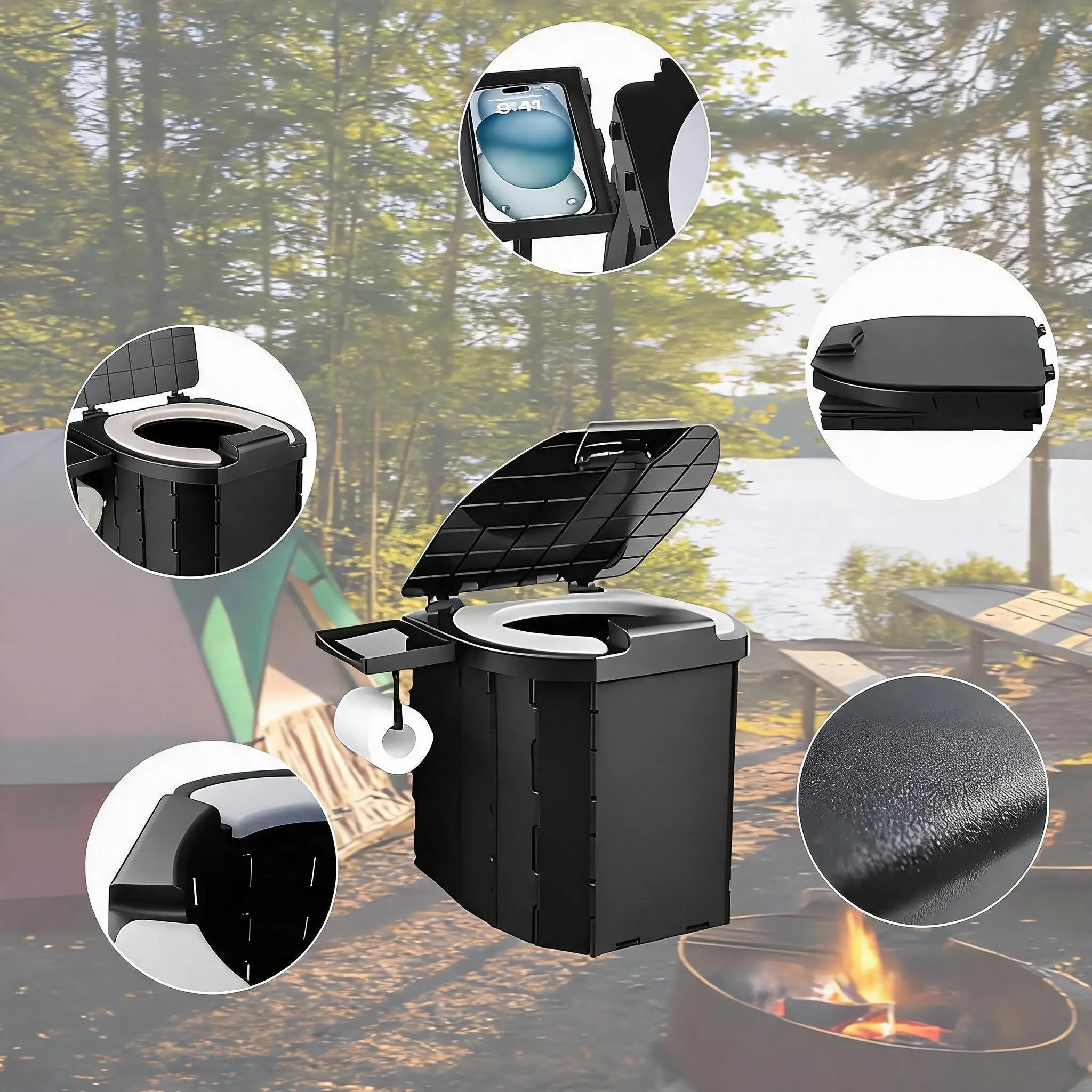 Inodoro Portátil para Acampar, Inodoro Plegable de Viaje para Adultos con Tapa y Porta Papel, Inodoro Compacto para Coche, Inodoro Portátil para Acampar, Senderismo, Camiones, Autocaravanas, Playa