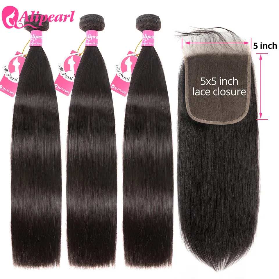 

AliPearl Hair Straight Human Hair 3 Bundles With 5x5 Closure Free Part Brazilian Hair Weave 3 Bundles Ali Pearl Hair Extension