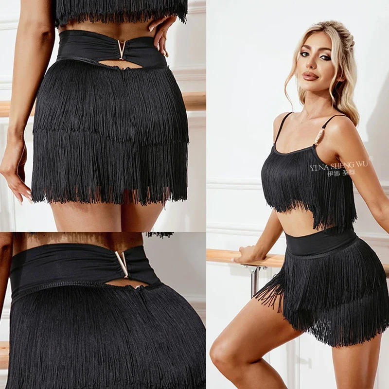 Nowe spódniczki do tańca latynoamerykańskiego dla dorosłych kobiet, modna dwuwarstwowa krótka spódniczka z frędzlami, kostium do ćwiczeń tańca towarzyskiego, rumby, tanga, cha-chy.