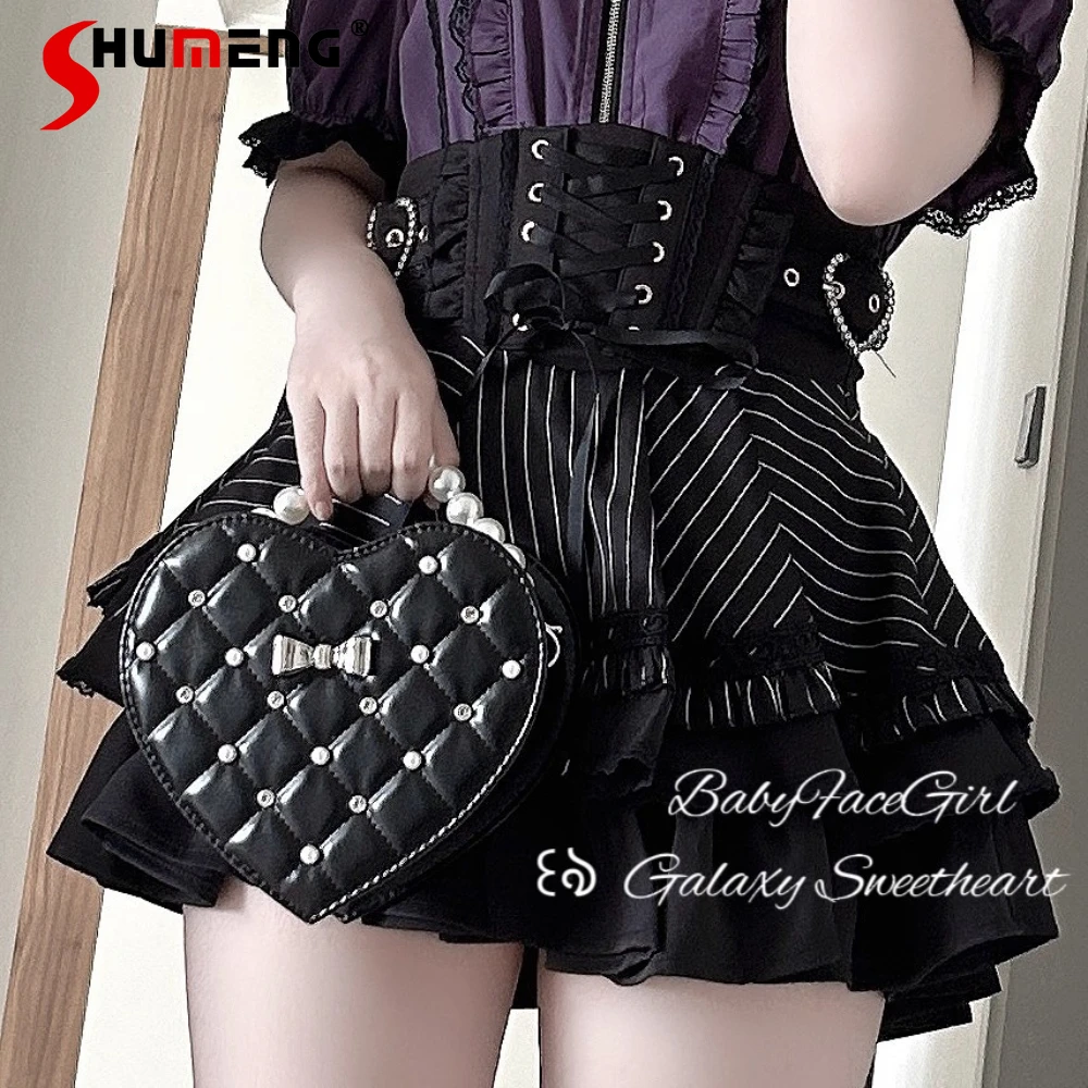 

Original Japanese Mines Style Mass-Produced Pearl Diamond Silver Bow Kawaii Heart Bag Sweet Cute Mini Lolita Hand Bags for Women