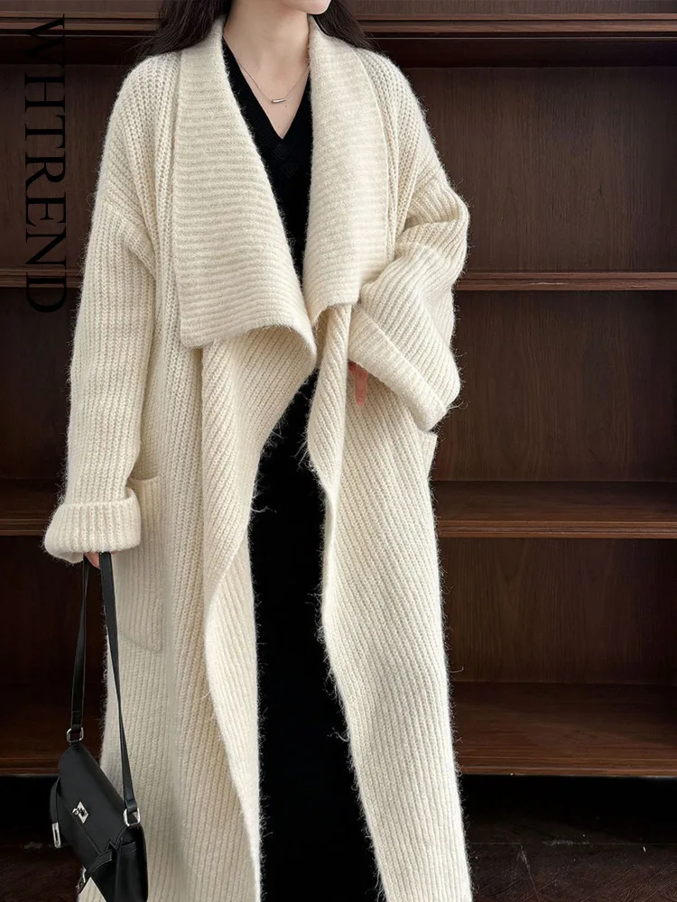 

WHTREND Korean Style Large Lapel Knitted Cardigan For Women Autumn Winter New Soft Wool Loose Long Coats With Belt WH2024